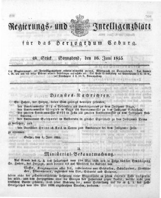 Regierungs- und Intelligenzblatt für das Herzogtum Coburg (Coburger Regierungs-Blatt) Samstag 16. Juni 1855