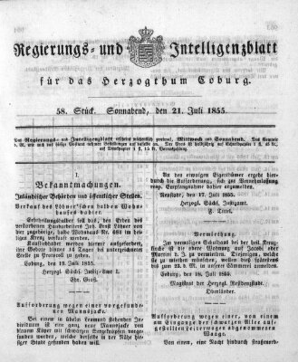 Regierungs- und Intelligenzblatt für das Herzogtum Coburg (Coburger Regierungs-Blatt) Samstag 21. Juli 1855
