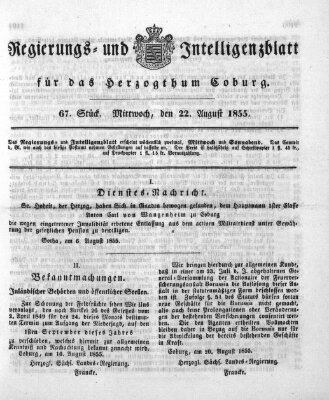 Regierungs- und Intelligenzblatt für das Herzogtum Coburg (Coburger Regierungs-Blatt) Mittwoch 22. August 1855