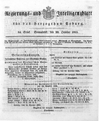 Regierungs- und Intelligenzblatt für das Herzogtum Coburg (Coburger Regierungs-Blatt) Samstag 20. Oktober 1855