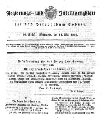 Regierungs- und Intelligenzblatt für das Herzogtum Coburg (Coburger Regierungs-Blatt) Mittwoch 14. Mai 1856