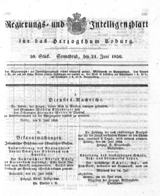 Regierungs- und Intelligenzblatt für das Herzogtum Coburg (Coburger Regierungs-Blatt) Samstag 21. Juni 1856