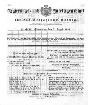 Regierungs- und Intelligenzblatt für das Herzogtum Coburg (Coburger Regierungs-Blatt) Samstag 2. August 1856