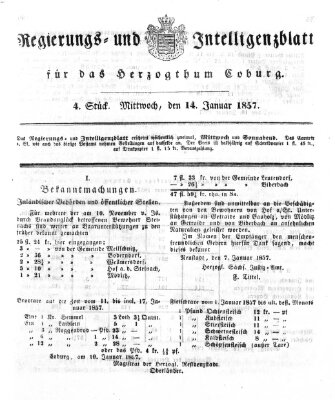 Regierungs- und Intelligenzblatt für das Herzogtum Coburg (Coburger Regierungs-Blatt) Mittwoch 14. Januar 1857