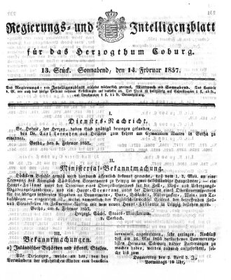 Regierungs- und Intelligenzblatt für das Herzogtum Coburg (Coburger Regierungs-Blatt) Samstag 14. Februar 1857