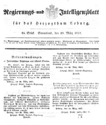 Regierungs- und Intelligenzblatt für das Herzogtum Coburg (Coburger Regierungs-Blatt) Samstag 28. März 1857
