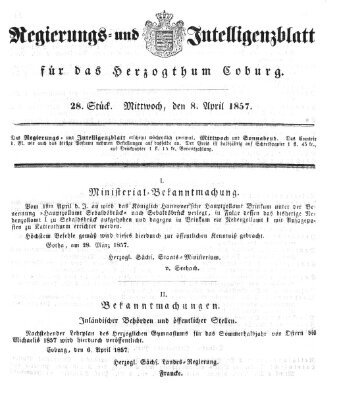 Regierungs- und Intelligenzblatt für das Herzogtum Coburg (Coburger Regierungs-Blatt) Mittwoch 8. April 1857