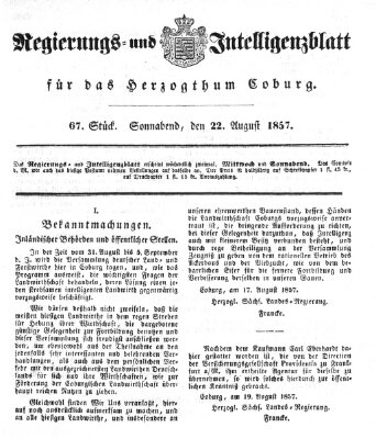 Regierungs- und Intelligenzblatt für das Herzogtum Coburg (Coburger Regierungs-Blatt) Samstag 22. August 1857