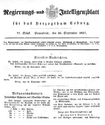 Regierungs- und Intelligenzblatt für das Herzogtum Coburg (Coburger Regierungs-Blatt) Samstag 26. September 1857