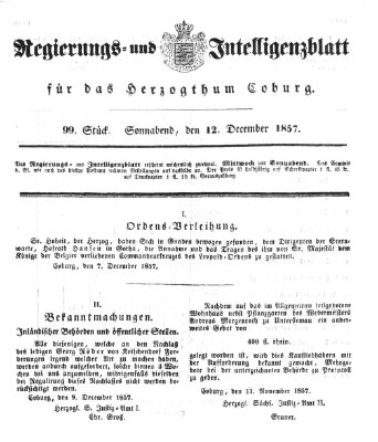 Regierungs- und Intelligenzblatt für das Herzogtum Coburg (Coburger Regierungs-Blatt) Samstag 12. Dezember 1857