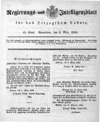 Regierungs- und Intelligenzblatt für das Herzogtum Coburg (Coburger Regierungs-Blatt) Samstag 6. März 1858