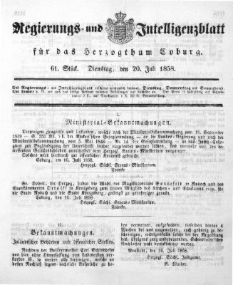 Regierungs- und Intelligenzblatt für das Herzogtum Coburg (Coburger Regierungs-Blatt) Dienstag 20. Juli 1858