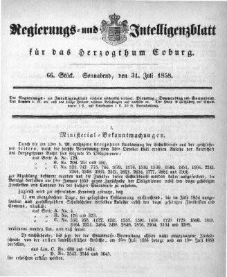 Regierungs- und Intelligenzblatt für das Herzogtum Coburg (Coburger Regierungs-Blatt) Samstag 31. Juli 1858