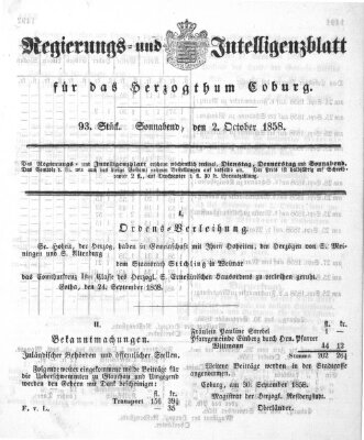 Regierungs- und Intelligenzblatt für das Herzogtum Coburg (Coburger Regierungs-Blatt) Samstag 2. Oktober 1858