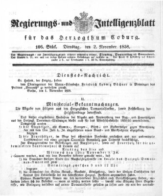 Regierungs- und Intelligenzblatt für das Herzogtum Coburg (Coburger Regierungs-Blatt) Dienstag 2. November 1858