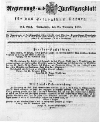 Regierungs- und Intelligenzblatt für das Herzogtum Coburg (Coburger Regierungs-Blatt) Samstag 20. November 1858