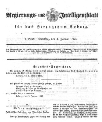 Regierungs- und Intelligenzblatt für das Herzogtum Coburg (Coburger Regierungs-Blatt) Dienstag 4. Januar 1859