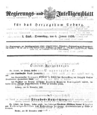 Regierungs- und Intelligenzblatt für das Herzogtum Coburg (Coburger Regierungs-Blatt) Donnerstag 6. Januar 1859