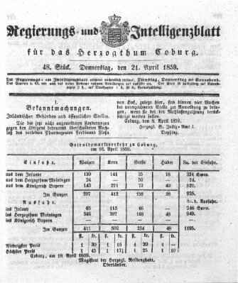 Regierungs- und Intelligenzblatt für das Herzogtum Coburg (Coburger Regierungs-Blatt) Donnerstag 21. April 1859