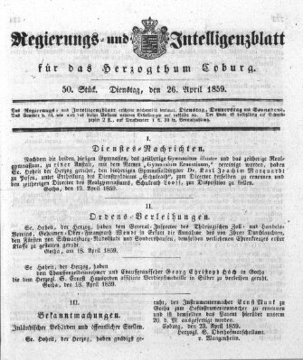 Regierungs- und Intelligenzblatt für das Herzogtum Coburg (Coburger Regierungs-Blatt) Dienstag 26. April 1859