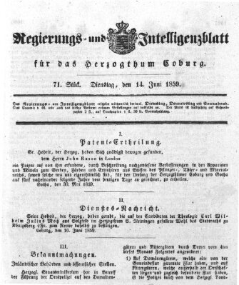 Regierungs- und Intelligenzblatt für das Herzogtum Coburg (Coburger Regierungs-Blatt) Dienstag 14. Juni 1859