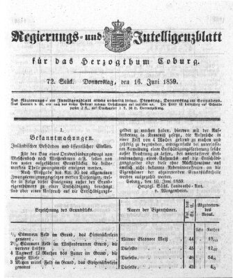 Regierungs- und Intelligenzblatt für das Herzogtum Coburg (Coburger Regierungs-Blatt) Donnerstag 16. Juni 1859