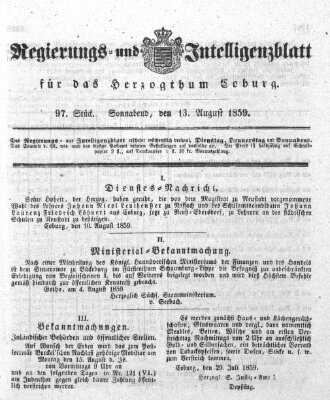 Regierungs- und Intelligenzblatt für das Herzogtum Coburg (Coburger Regierungs-Blatt) Samstag 13. August 1859