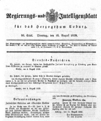 Regierungs- und Intelligenzblatt für das Herzogtum Coburg (Coburger Regierungs-Blatt) Dienstag 16. August 1859