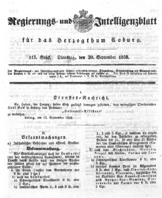 Regierungs- und Intelligenzblatt für das Herzogtum Coburg (Coburger Regierungs-Blatt) Dienstag 20. September 1859