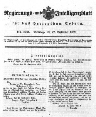 Regierungs- und Intelligenzblatt für das Herzogtum Coburg (Coburger Regierungs-Blatt) Dienstag 27. September 1859