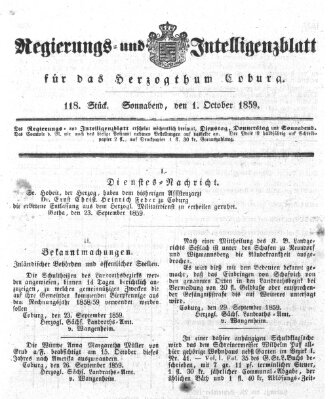 Regierungs- und Intelligenzblatt für das Herzogtum Coburg (Coburger Regierungs-Blatt) Samstag 1. Oktober 1859