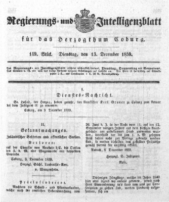 Regierungs- und Intelligenzblatt für das Herzogtum Coburg (Coburger Regierungs-Blatt) Dienstag 13. Dezember 1859