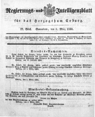 Regierungs- und Intelligenzblatt für das Herzogtum Coburg (Coburger Regierungs-Blatt) Samstag 3. März 1860