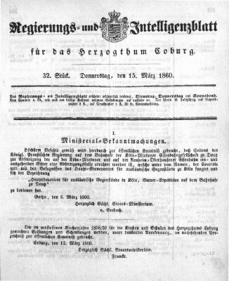 Regierungs- und Intelligenzblatt für das Herzogtum Coburg (Coburger Regierungs-Blatt) Donnerstag 15. März 1860