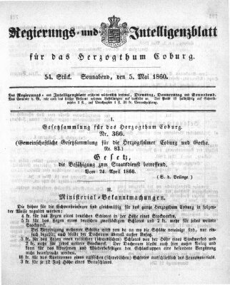 Regierungs- und Intelligenzblatt für das Herzogtum Coburg (Coburger Regierungs-Blatt) Samstag 5. Mai 1860
