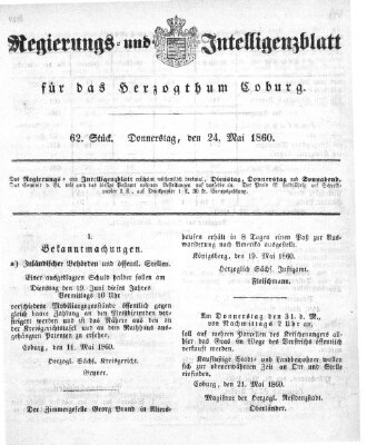 Regierungs- und Intelligenzblatt für das Herzogtum Coburg (Coburger Regierungs-Blatt) Donnerstag 24. Mai 1860