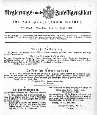 Regierungs- und Intelligenzblatt für das Herzogtum Coburg (Coburger Regierungs-Blatt) Dienstag 19. Juni 1860
