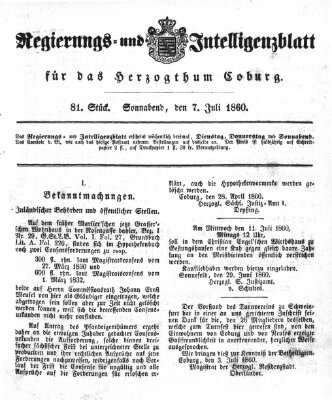 Regierungs- und Intelligenzblatt für das Herzogtum Coburg (Coburger Regierungs-Blatt) Samstag 7. Juli 1860