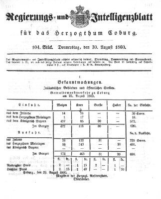 Regierungs- und Intelligenzblatt für das Herzogtum Coburg (Coburger Regierungs-Blatt) Donnerstag 30. August 1860