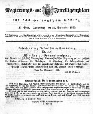 Regierungs- und Intelligenzblatt für das Herzogtum Coburg (Coburger Regierungs-Blatt) Donnerstag 20. September 1860