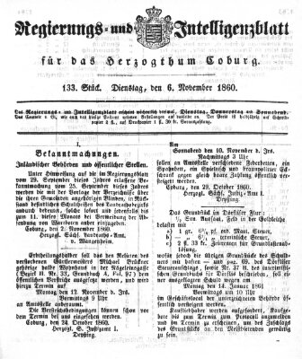 Regierungs- und Intelligenzblatt für das Herzogtum Coburg (Coburger Regierungs-Blatt) Dienstag 6. November 1860