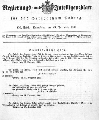 Regierungs- und Intelligenzblatt für das Herzogtum Coburg (Coburger Regierungs-Blatt) Samstag 29. Dezember 1860