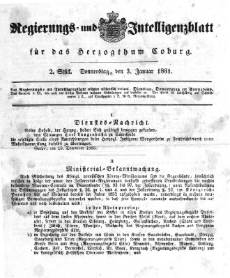 Regierungs- und Intelligenzblatt für das Herzogtum Coburg (Coburger Regierungs-Blatt) Donnerstag 3. Januar 1861