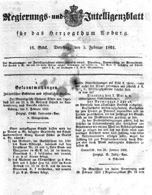 Regierungs- und Intelligenzblatt für das Herzogtum Coburg (Coburger Regierungs-Blatt) Dienstag 5. Februar 1861