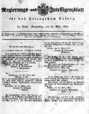 Regierungs- und Intelligenzblatt für das Herzogtum Coburg (Coburger Regierungs-Blatt) Donnerstag 21. März 1861