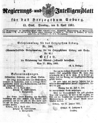Regierungs- und Intelligenzblatt für das Herzogtum Coburg (Coburger Regierungs-Blatt) Dienstag 9. April 1861