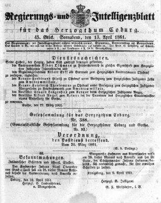 Regierungs- und Intelligenzblatt für das Herzogtum Coburg (Coburger Regierungs-Blatt) Samstag 13. April 1861