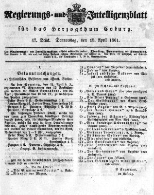 Regierungs- und Intelligenzblatt für das Herzogtum Coburg (Coburger Regierungs-Blatt) Donnerstag 18. April 1861