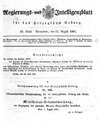 Regierungs- und Intelligenzblatt für das Herzogtum Coburg (Coburger Regierungs-Blatt) Samstag 17. August 1861