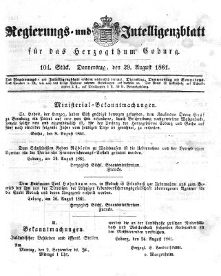 Regierungs- und Intelligenzblatt für das Herzogtum Coburg (Coburger Regierungs-Blatt) Donnerstag 29. August 1861